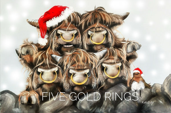 5 Gold Rings Highland Cow Christmas Card