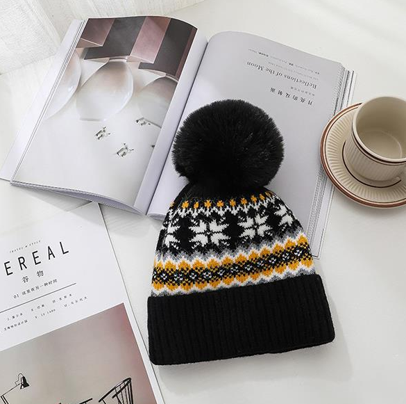 Black Fairisle Pom Pom Hat 