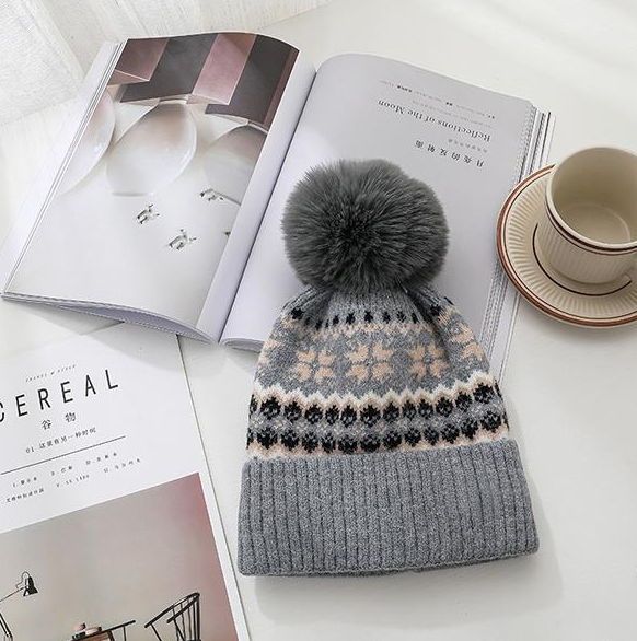 Grey Fairisle Pom Pom Hat 