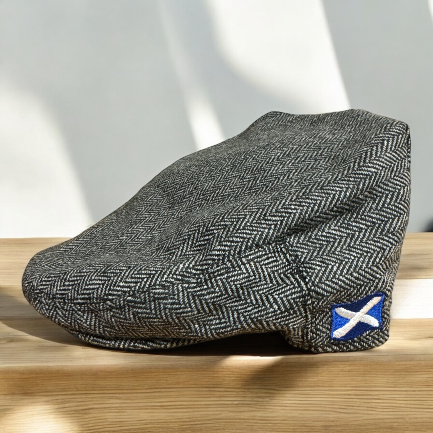 Grey Herringbone Flat Cap with Saltire