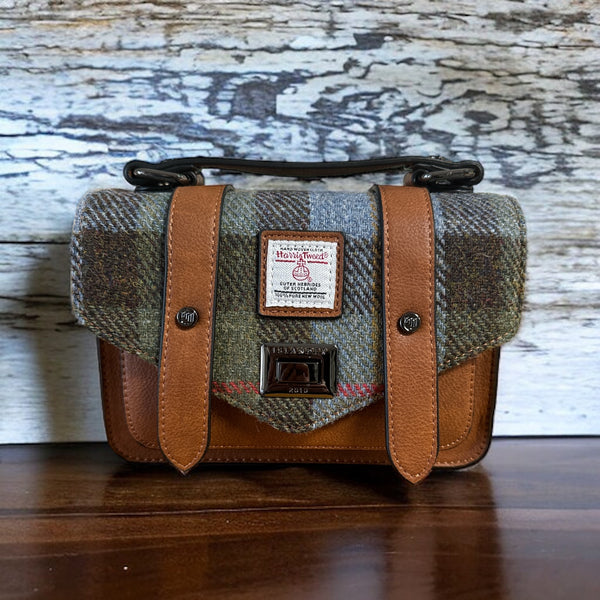 Harris Tweed Mini Satchel Chestnut Blue Tartan