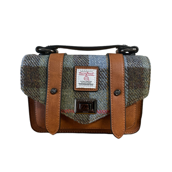 Harris Tweed Mini Satchel Chestnut Blue Tartan