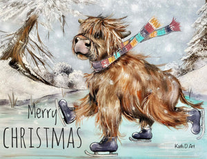 Ice Skating Chrisstmas Card Highland Cow