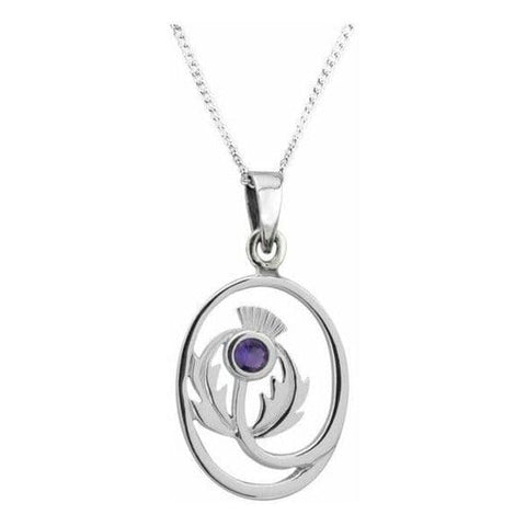 Scottish Thistle Silver Oval Pendant with Amethyst Stone