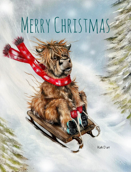 Sledging Highland Cow Chritmas Card